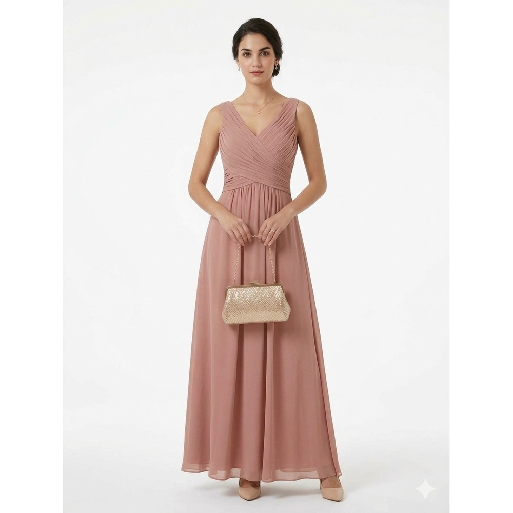 Azazie A16 Bridesmaid Dress Dusty Rose Pink V-Neck Pleated Maxi Gown Size 16